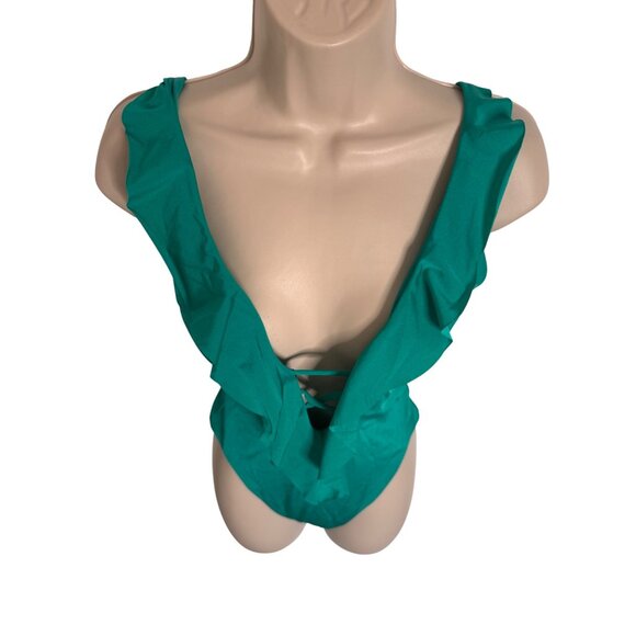 Becca One Piece Size Medium Removable Padded Swimsuit Green NWT Ruffle V- Neck - Picture 6 of 8